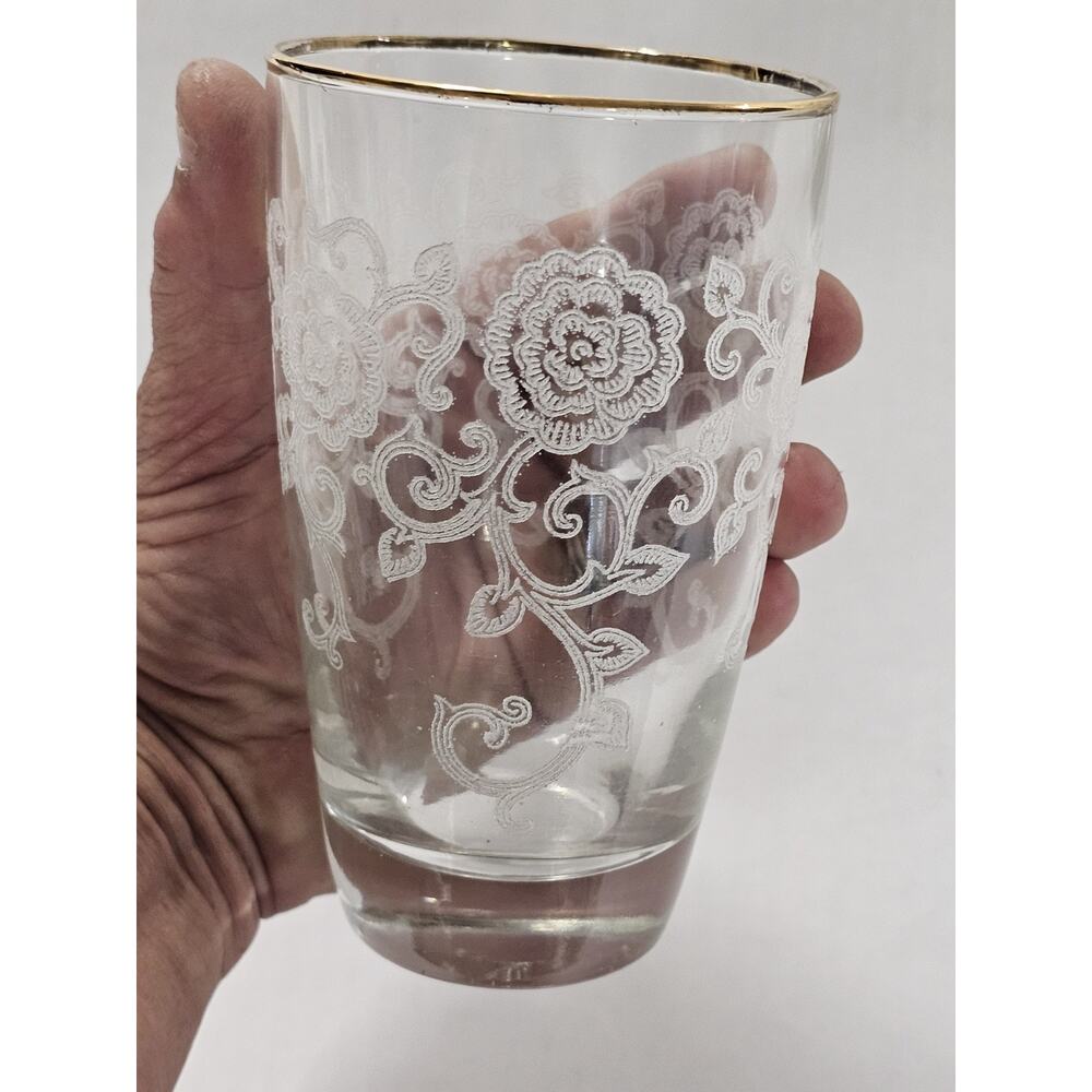 Set of 4 Vtg Libbey Gold Rim Rose Etched Glasses 5” Floral MCM Cottage Shabby
